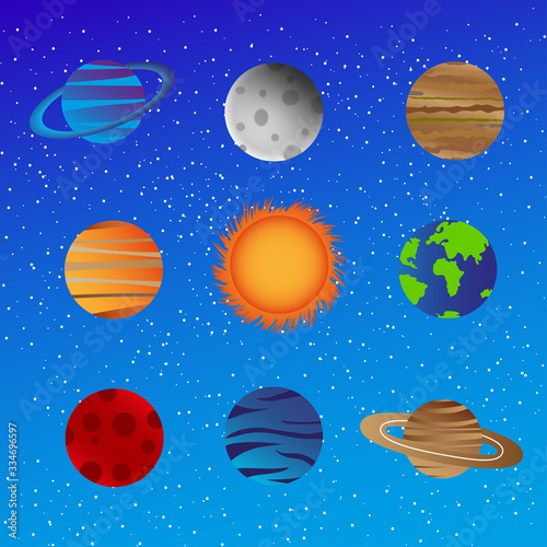 Set of colorful bright planets of the solar system against the background of night sky with stars. Flat style