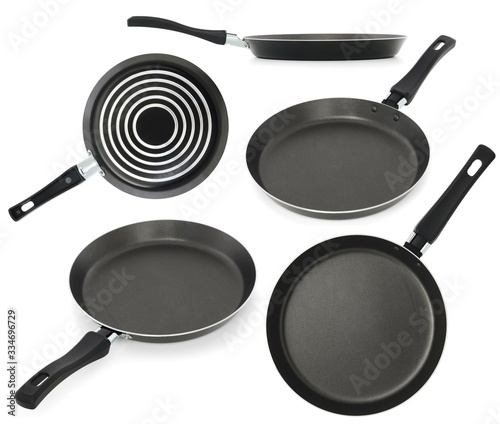 Black fry pan, skillet, isolated on white background. Set