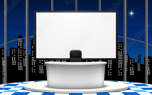 white table and lcd tv in the news studio room with city in the night background