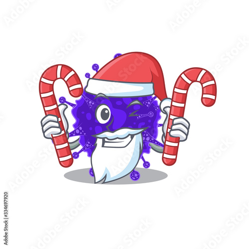 Friendly nidovirales in Santa Cartoon character holds Christmas candies