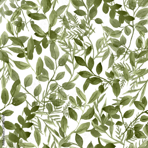 Watercolor botanical seamless pattern with fresh green leaves  greenery and foliage  isolated on white background. Hand drawn leaf  herbs  stems  branches. Natural print for design. Floral texture