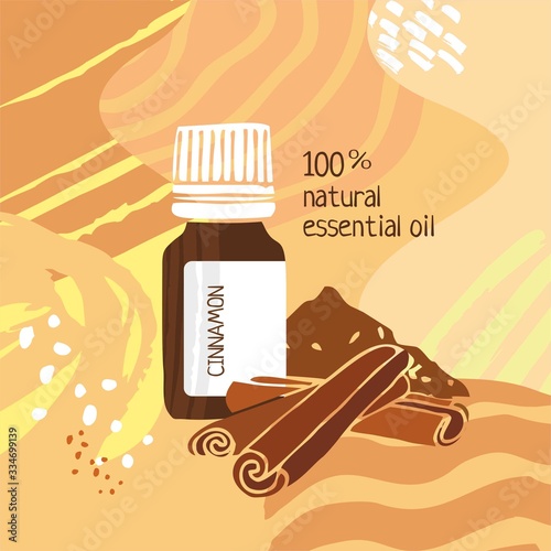 Jar with cinnamon essential oil on an beige abstract background. Poster for catalog, invitations, parties and Spa. Color cute cartoon vector illustration