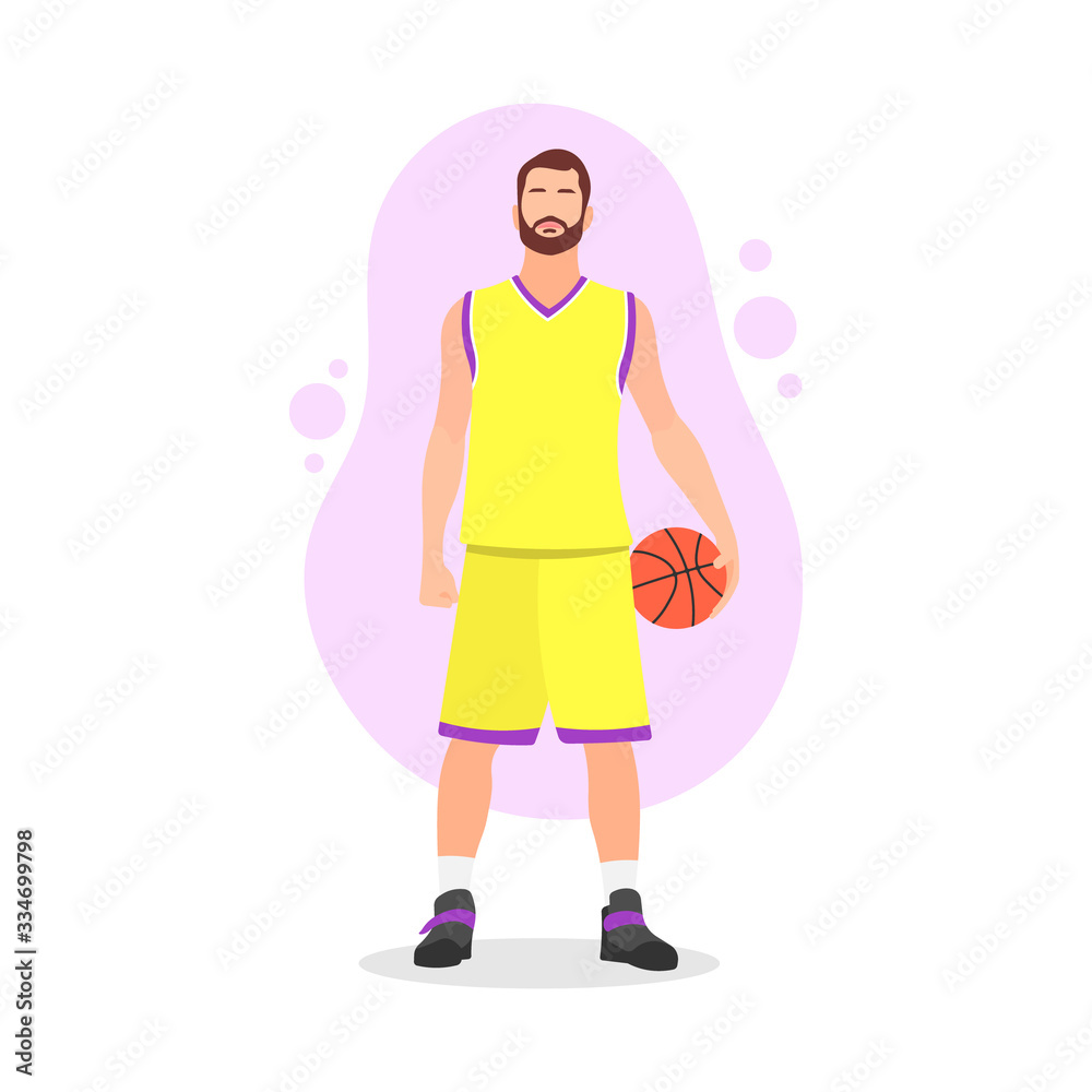 Young adult man with beard in a basketball outfit or uniform standing and holding a ball. Basketball match or competition concept. Yellow and purple - Simple flat vector character illustration. Young adult man with beard in a basketball outfit or uniform standing and holding a ball. Basketball match or competition concept. Yellow and purple - Simple flat vector character illustration.