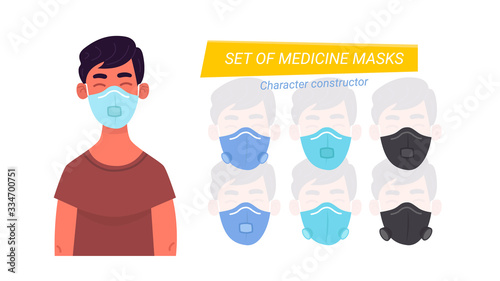 Young man boy wearing medical masks. masks isolated. Banner for epidemy air pollution, disease, flu, contaminated air, world pollution. Isolated cartoon character Vector flat illustration