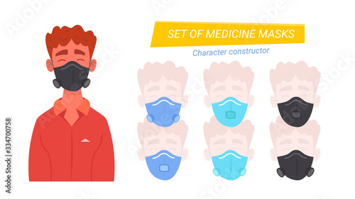 Young man boy wearing medical masks. masks isolated. Banner for epidemy air pollution, disease, flu, contaminated air, world pollution. Isolated cartoon character Vector flat illustration