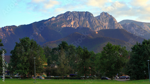 Fototapeta Naklejka Na Ścianę i Meble -  Panoramic view of Tatra Mountains seen from Zakopane in Poland with Giewont, Czerwone Wierchy and Nosal peaks in background
