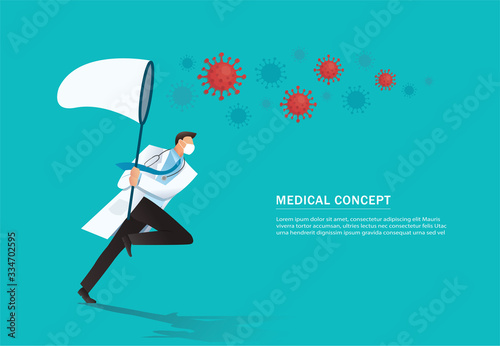 doctor holding a butterfly net try to catch virus , COVID-19 outbreak medical vector illustration EPS10
