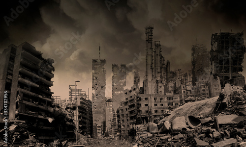 Fotografie, Obraz post Apocalypse, Ruins of a city. Apocalyptic landscape
