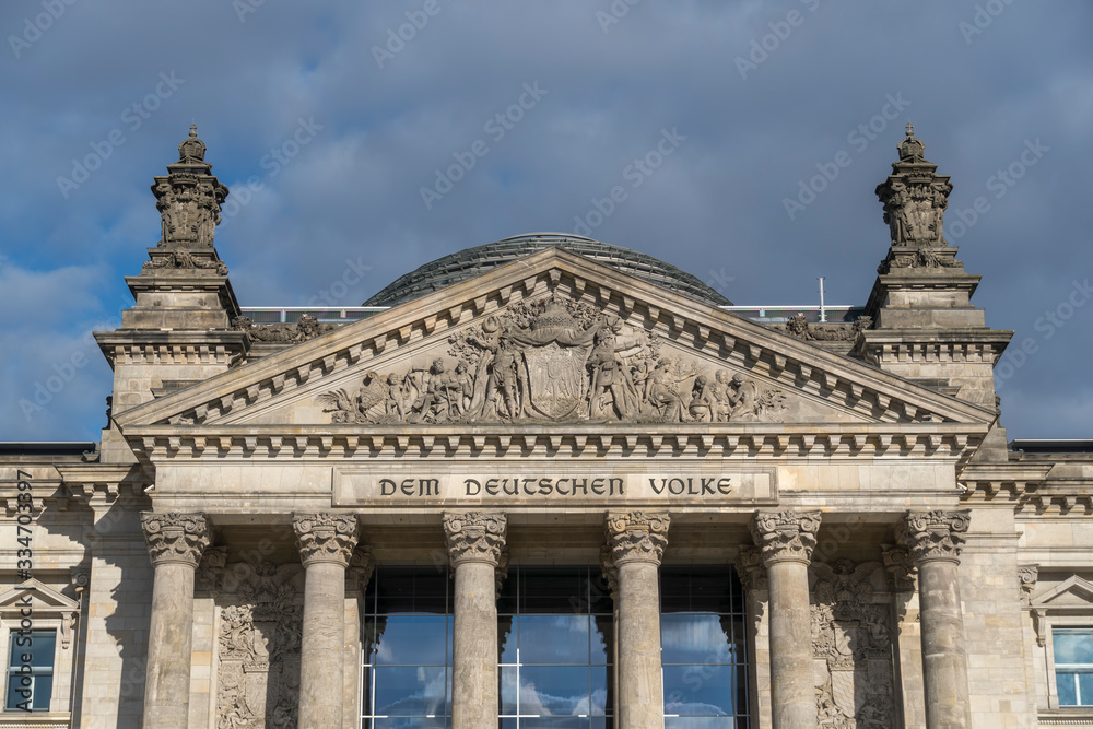 Pediment of Reichstag building (Bundestag) of Berlin with the inscripted dedication ´Dem deutschen Volke´ German for ´To the German people´
