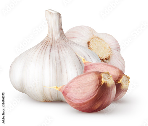 Isolated garlic. Two raw garlic with segments isolated on white background with clipping path