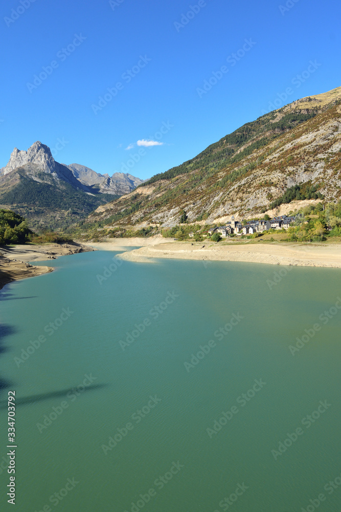 Bubal reservoir and Hoz de Jaca village, Huesca province, Aragon, Spain