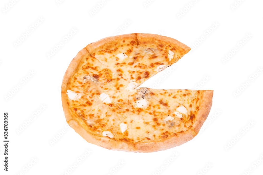 Pizza five cheese slices without a slice, isolated on white, top view Pizza five cheese slices without a slice, isolated on white, top view