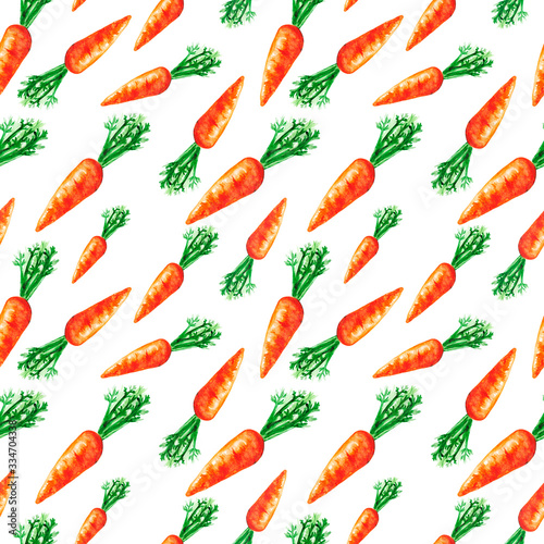 Seamless pattern with fresh orange carrots on a light background. Original watercolor background for Wallpaper, textiles and packaging.