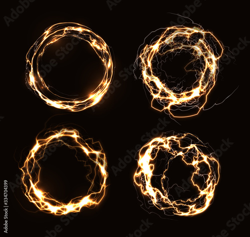 Magic rings, abstract electric circles, golden round frames, luminous circular lightning