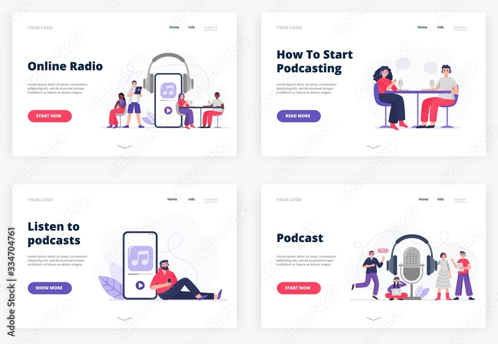 Flat vector Illustrations for landing page templates. A listener with headphones. Man and woman start podcasting. The cool team gets ready to be on air. Radio hosts recording podcasts.