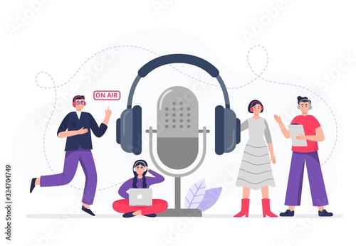 Podcasting. Podcasters with headphones, radio hosts recording podcasts. The cool team gets ready to be on air. Flat vector illustration.