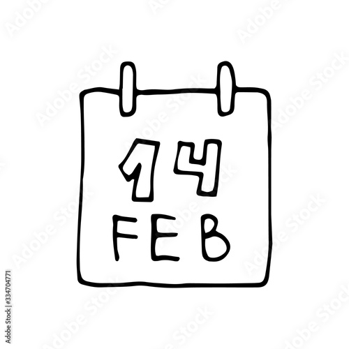 Single hand drawn element calendar,14 february for greeting cards, posters, stickers and seasonal design. Isolated on white background. Doodle vector illustration.