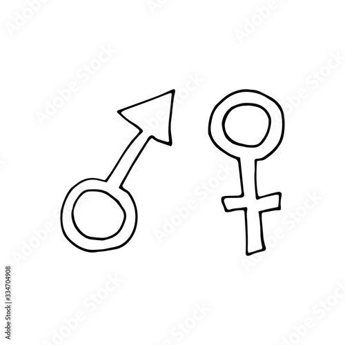 Hand drawn doodle illustration with gender symbol. WC concept design. Mars and Venera symbols. Isolated on white backdrop