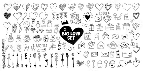 Big set doodle vector elements for valentine's day cards, posters, wrapping and design. Hand drawn heart, isolated on white backdrop. Geometric shape and symbol.