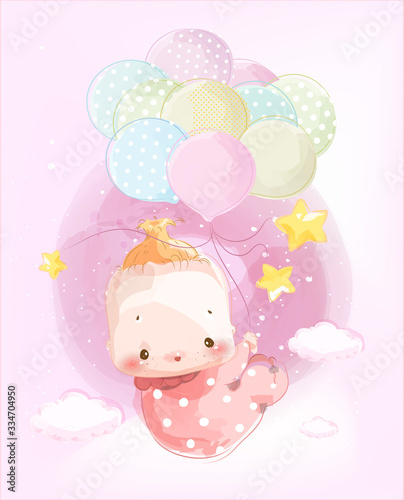 An image of a newborn baby for assembling a cute baby shower card floating in the sky with a balloon.