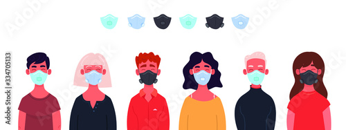 Group of cartoon character young people wearing medical masks. Epidemy air pollution, disease, flu, contaminated air, world pollution. Isolated character Vector flat illustration