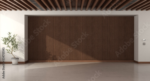 Fototapeta Naklejka Na Ścianę i Meble -  Empty room with wooden paneling and roof beams