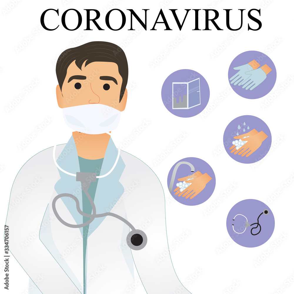 A vector illustration of doctor. Vector of Coronavirus or COVID-19.