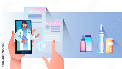 Vector illustration with cute female doctor, smartphone, hands, patient card, analysis. Online medical consultation concept with smiling woman and medicine bottles. Healthcare background in flat style