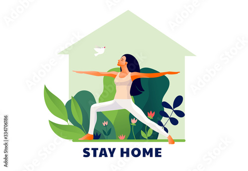 Stay at home type. Lockdown. Covid-2019 quarantine. Woman practicing yoga exercise at home, yoga pose. Modern flat design concept of web page design or mobile website. Vector illustration