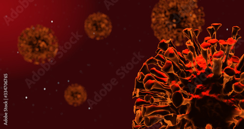 Virus close up render with red background and depth of field