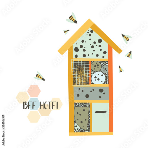 Bee hotel. Wood house with compartments and natural components. House in garden for insect. Flat vector illustration. Perfect for poster, print