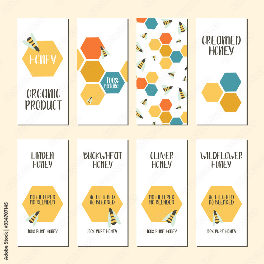 Set of flyers with drawn bees, honeycombs. Flat vector illustration. Perfect for logo, business cards, cafe menu, branding, food flyers, icon, packaging design