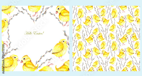Easter heart-shaped frame with yellow chickens and willow branches with space for text. Watercolor composition for greeting cards and greetings on a white background.