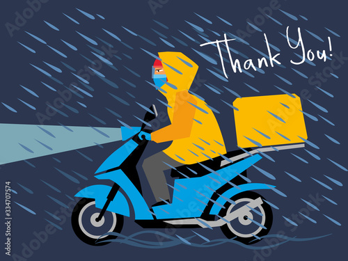A courier on a scooter in a protective mask from a virus carries goods in the rain. Inscription thank you. Vector hand drawing
