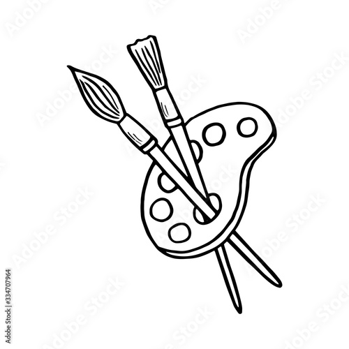 Hand-drawn art palette with brushes, doodle, vector illustration