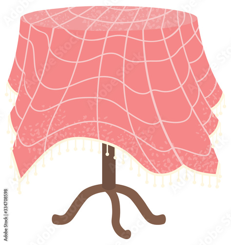 Home interior vector, rounded desk flat style decoration. Elegant house furniture with wooden legs, vintage styling of house, tablecloth in square pattern