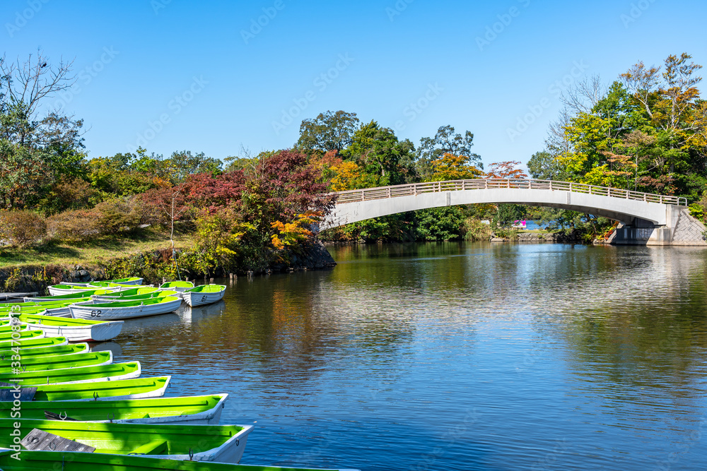 Fototapeta premium Onuma Quasi-National Park. Sunny day scenery landscape. Oshima Subprefecture, Town Nanae. Hokkaido, Japan