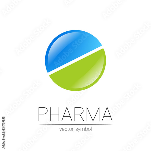Pharmacy vector symbol for pharmacist, pharma store, doctor and medicine. Modern design vector logo on white background. Pharmaceutical blue green icon logotype tablet pill . People health industry
