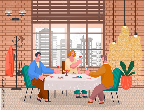 People have lunch or dinner in restaurant or at home. Friends spending time together with wine and food in cafe. Homelike interior, big window with beautiful cityscape. Vector illustration in flat