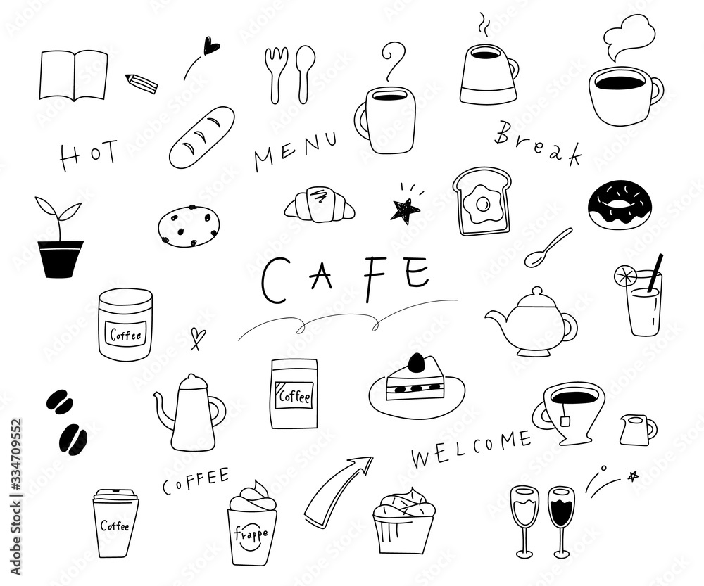 カフェの手描きイラストのセット かわいい シンプル ベクター Stock Illustration Adobe Stock