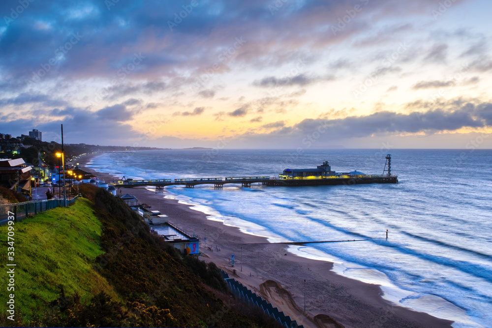 Aerial view of famous Pier in Bournemouth, England, UK during the sunrise