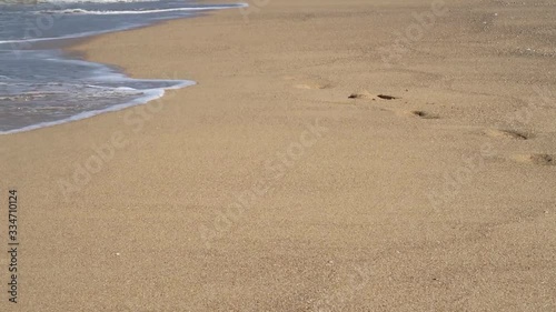 Slow motion - Nature background of summer ocean beach with soft foam waves washing footprints on golden sandy coastline & Ghost crab running in tropical morning sunlight at sunny & sunshine daylight