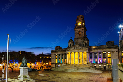 View of Guildhall in Portsmouth, UK at night. Clear dark sky photo