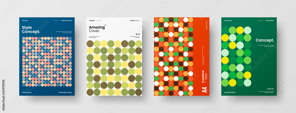 Fototapeta premium Company identity brochure template collection. Business presentation vector A4 vertical orientation front page mock up set. Corporate report cover abstract geometric illustration design layout bundle.