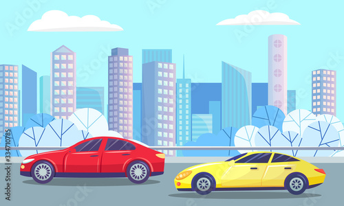 City center with cars on road in winter. Wintertime in downtown with skyscrapers and contemporary architecture. Urban landscape with route and transport. Vehicles on highway vector in flat style