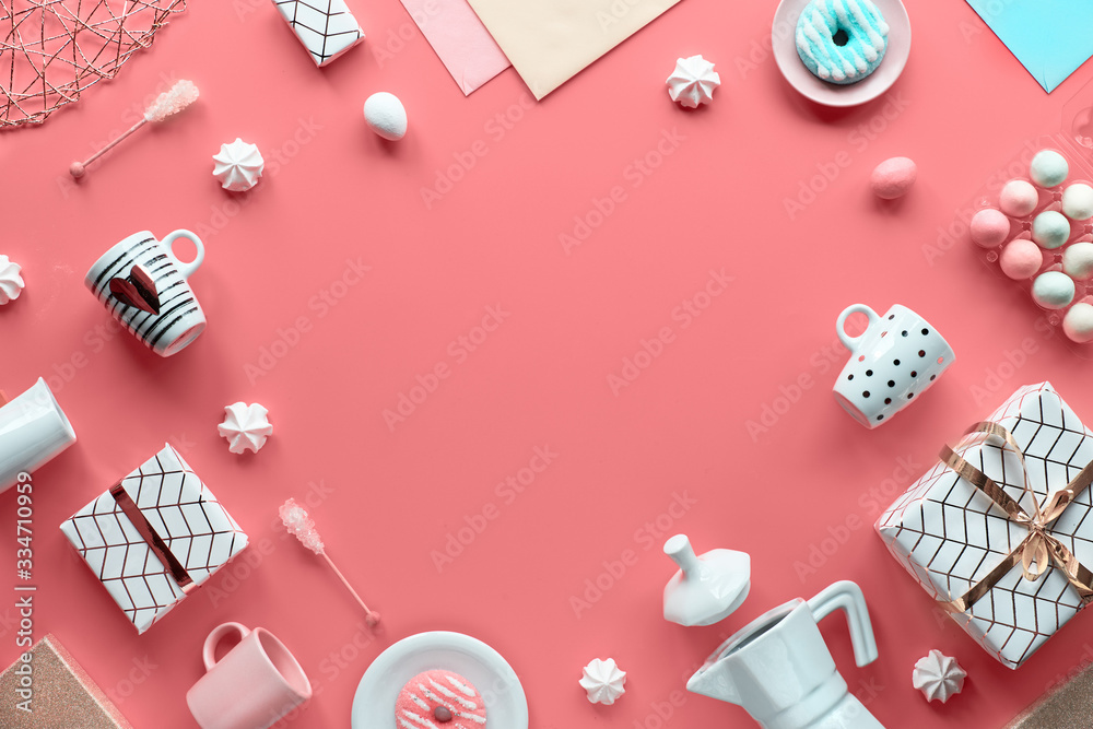 Geometric Spring flat lay in white and green on pink background. Easter, Mothers day, Springtime birthday or Anniversary. Plastic heat lightboard, Easter eggs, coffee maker, cups, tulips, gifts. Geometric Spring flat lay in white and green on pink background. Easter, Mothers day, Springtime birthday or Anniversary. Plastic heat lightboard, Easter eggs, coffee maker, cups, tulips, gifts.