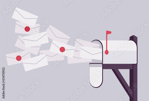 Mailbox post full of letters and spam information. Email bombing, sending many messages with breaking news, warning or report, postal service newsletters attack. Vector illustration