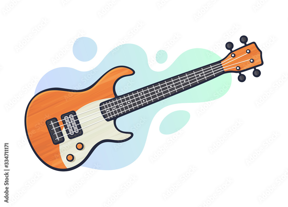 Vector illustration. Rock electro or bass guitar. String plucked musical  instrument. Blues, jazz, ska, metal or rock equipment. Clip art with  contour for graphic design. Isolated on white background Stock Vector