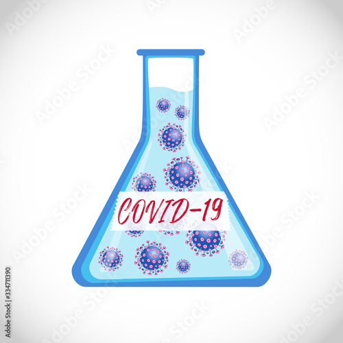Coronavirus in glass flask. Novel Icon concept and text. COVID-19 disease image. SARS pandemic symbol. Isolated abstract graphic design template. Creative NCOV sign. Typography with brush stroke style