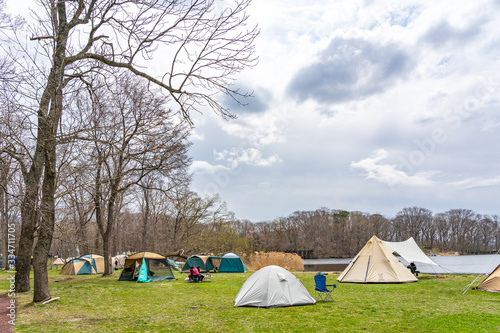 Higashi-Onuma Campsite in Onuma Quasi-National Park. Town Nanae, Oshima Subprefecture, Hokkaido, Japan